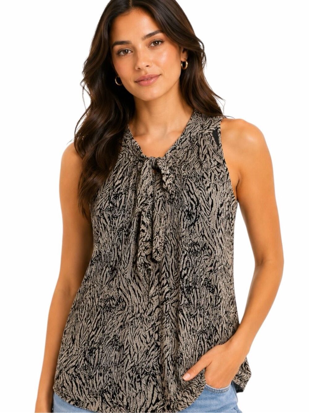 KENAR Abstract Print Tie Neck Sleeveless Blouse Black Taupe Large